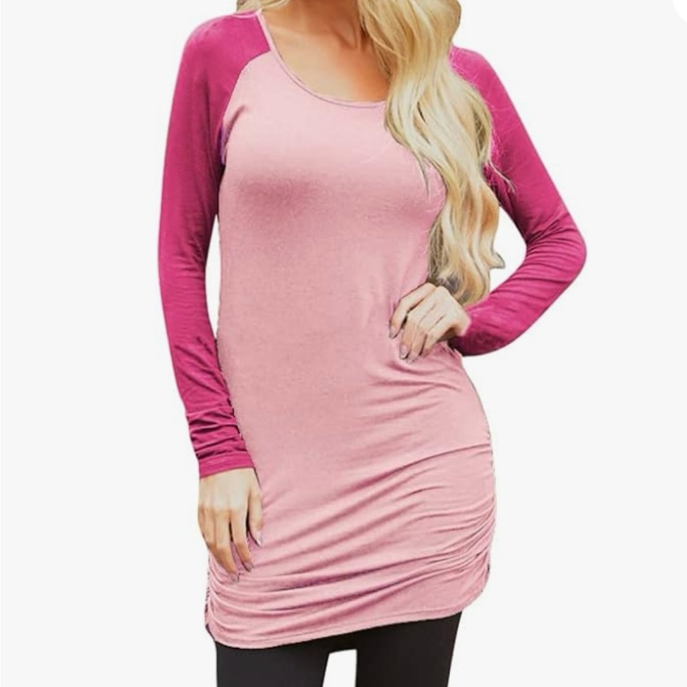 Pink Queen Women's Small Tunic Tops Long Sleeve Slim Ruched T Shirt Dress Pink